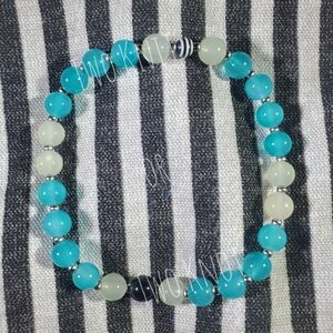 Turquoise and Light Green Beaded Stretch Ankle Bracelet with Silver Accents